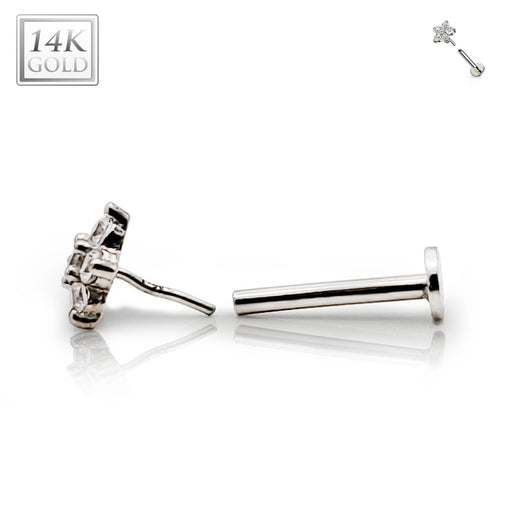 16G 14k gold threadless labret stud with clear CZ gem flower top for cartilage, eyebrow, or nose piercings.