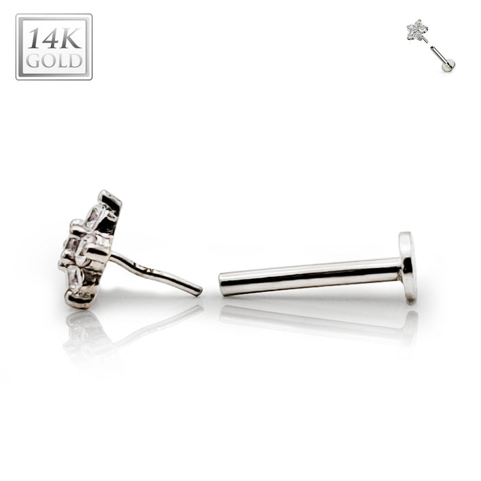 16G 14k gold threadless labret stud with clear CZ gem flower top for cartilage, eyebrow, or nose piercings.