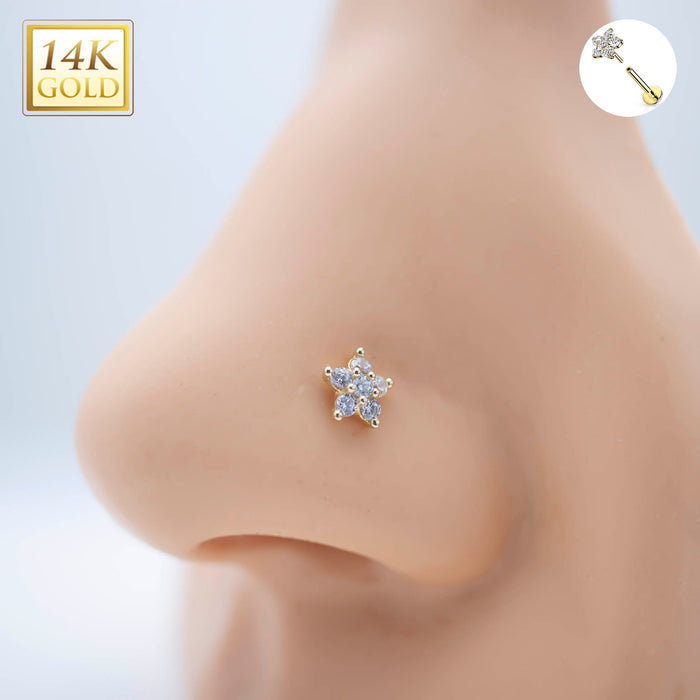 16G 14k gold threadless labret with clear cubic zirconia flower top, designed for cartilage and lip piercings.