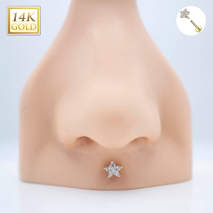 14k Gold Threadless Labret with Clear CZ Gems, Push-In Zircon set Flower Tops -  For Ear Cartilage, Eyebrow, Nose and More