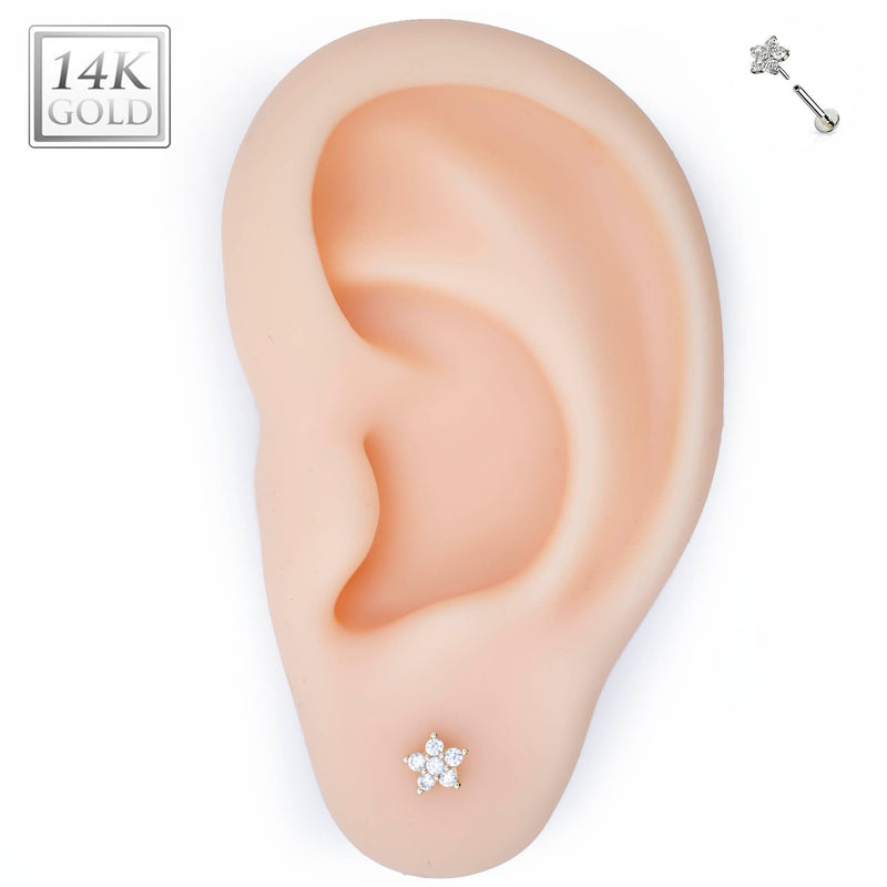 14k Gold Threadless Labret with Clear CZ Gems, Push-In Zircon set Flower Tops -  For Ear Cartilage, Eyebrow, Nose and More