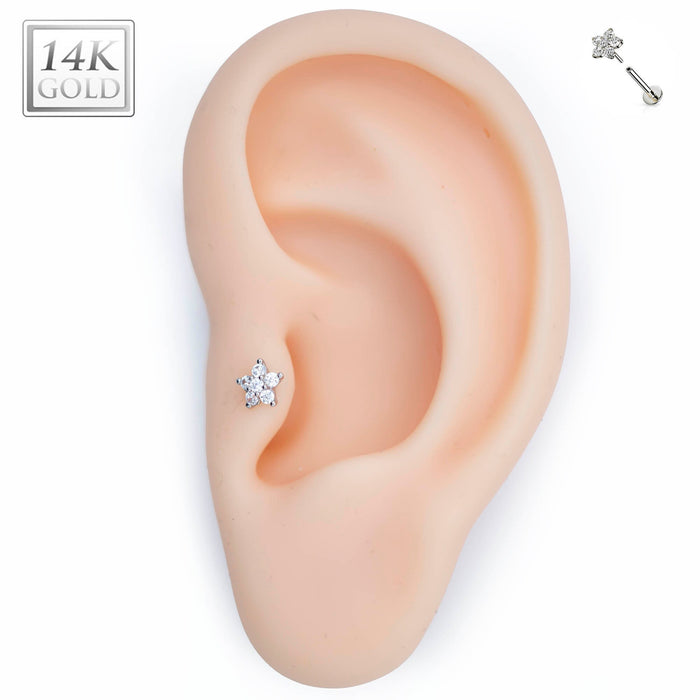 14k Gold Threadless Labret with Clear CZ Gems, Push-In Zircon set Flower Tops -  For Ear Cartilage, Eyebrow, Nose and More