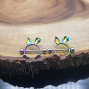 14G surgical steel nipple shields with playful bunny design for unique body jewelry style, sold as a pair