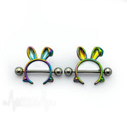 14G surgical steel nipple shields with bunny design, featuring a whimsical look for playful body jewelry enthusiasts