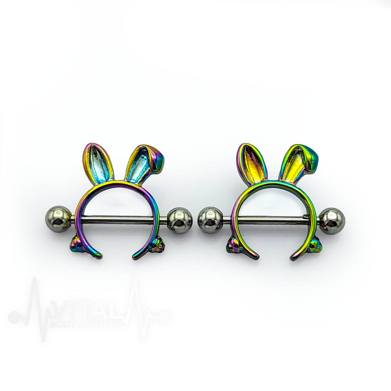 14G surgical steel nipple shields with bunny design, featuring a whimsical look for playful body jewelry enthusiasts