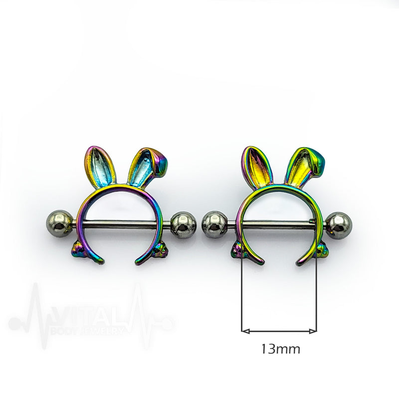 14G surgical steel nipple shields with playful bunny design for fun body jewelry style, sold as a pair for comfortable wear