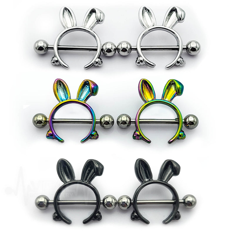 14G surgical steel nipple shields with playful bunny design for comfortable everyday wear