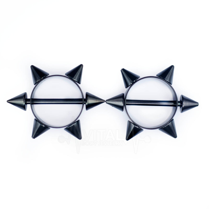 14G surgical steel nipple shields with 6 point spike star design for bold body jewelry style and secure fit