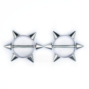 14G surgical steel nipple shields with 6 point spike star design for bold style and comfort, sold as a pair
