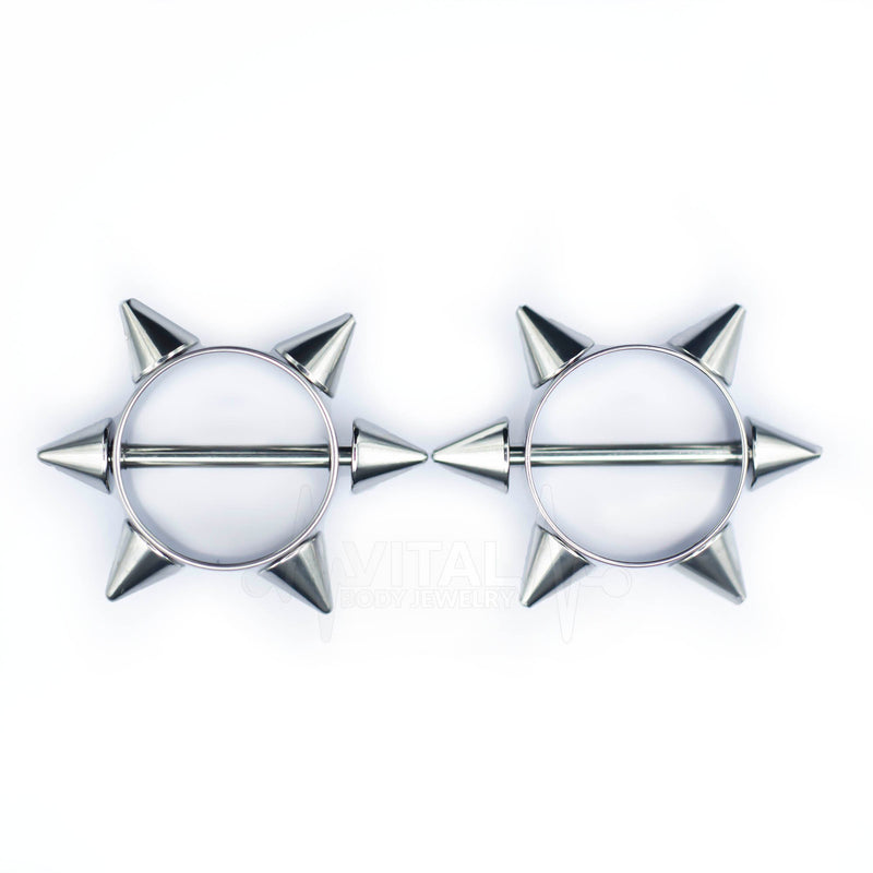 14G surgical steel nipple shields with 6 point spike star design for bold style and comfort, sold as a pair
