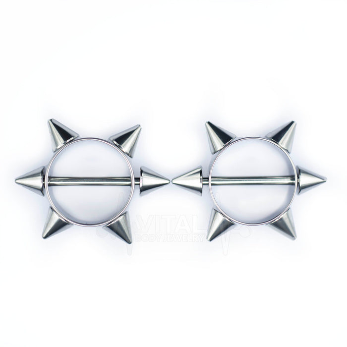 Surgical Steel • Nipple Shield, 6 Point Spike Star, 14G, Externally Threaded, Sold By Pair Only • Vital Body Jewelry