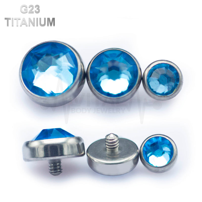14G titanium dermal anchor top with colored gems in flat bottom dome design, available in sizes 3mm, 4mm, and 5mm for comfortable wear.