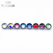 14G titanium dermal anchor top with colored gems available in 3mm, 4mm, and 5mm sizes, featuring an internally threaded design for secure fit.