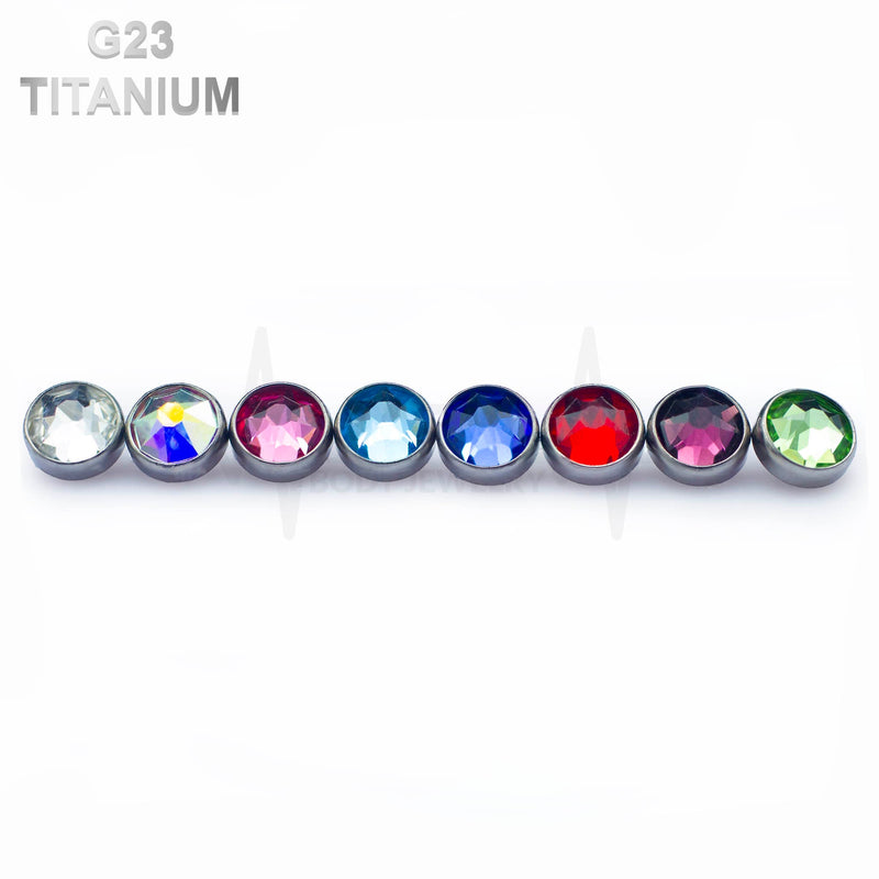 14G titanium dermal anchor top with colored gems available in 3mm, 4mm, and 5mm sizes, featuring an internally threaded design for secure fit.