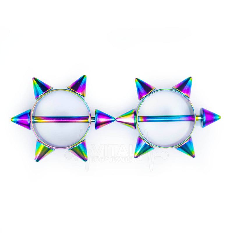 14G surgical steel nipple shields with a fierce 6 point spike star design for bold style and comfort, sold as a pair