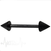 14G PVD coated surgical steel nipple barbells with spike ends, featuring an edgy black finish and a 5/8" length for a bold look.