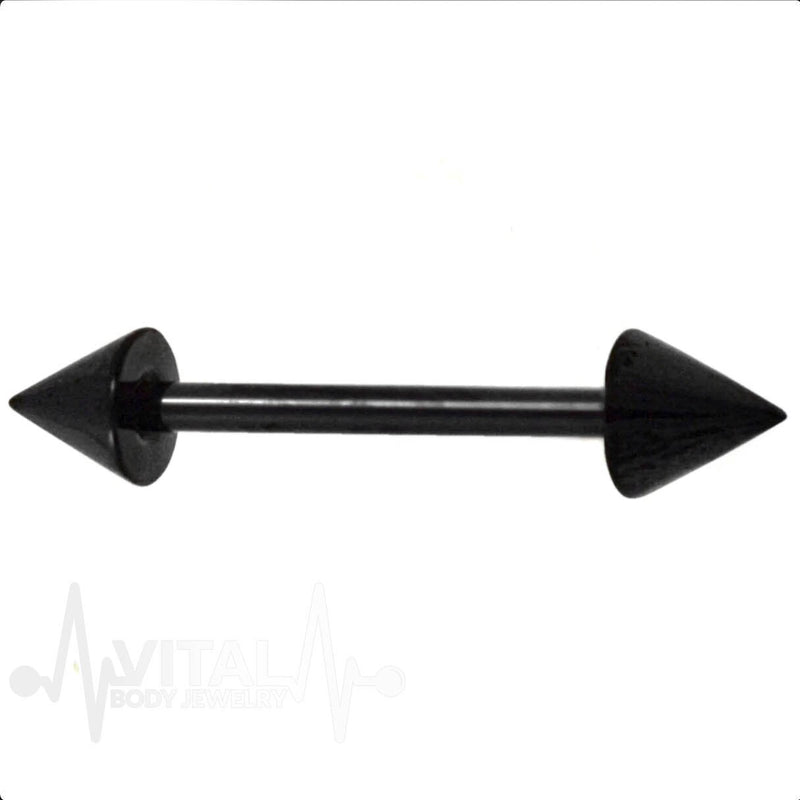 14G PVD coated surgical steel nipple barbells with spike ends, featuring an edgy black finish and a 5/8" length for a bold look.