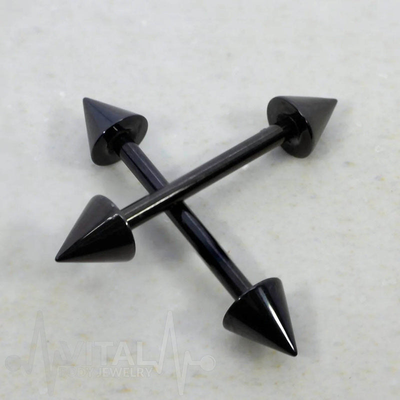 14G PVD coated surgical steel nipple barbells with spike ends for a bold and edgy look, ideal for everyday wear or special occasions
