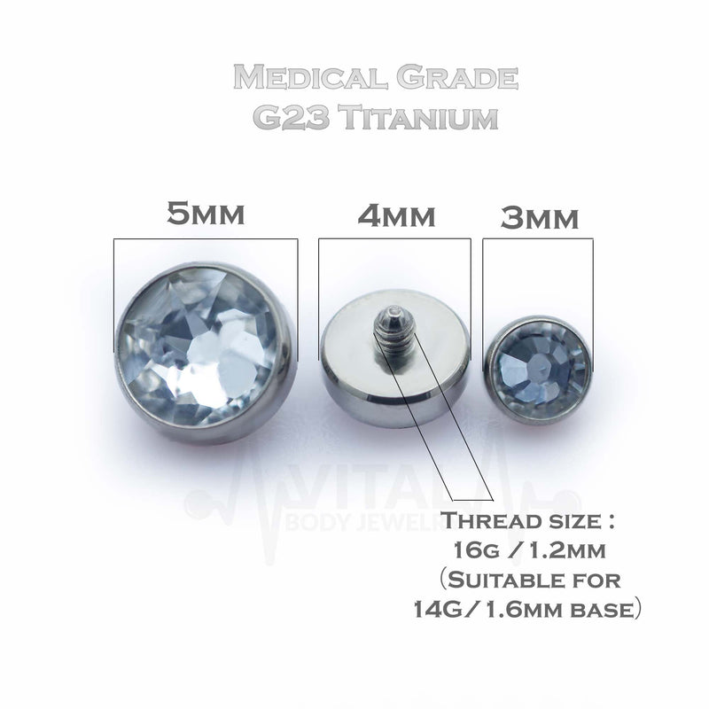 14G titanium dermal anchor top with clear cubic zirconia gem, internally threaded design, available in 3mm, 4mm, and 5mm sizes