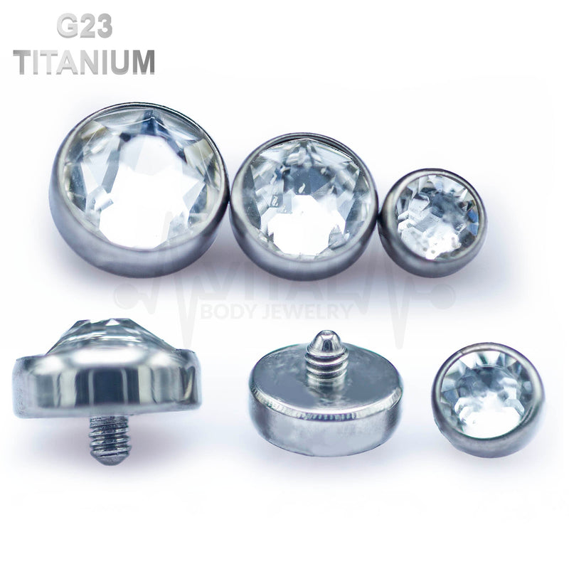 14G titanium dermal anchor top with colored gems in flat bottom dome design, available in 3mm, 4mm, and 5mm sizes.
