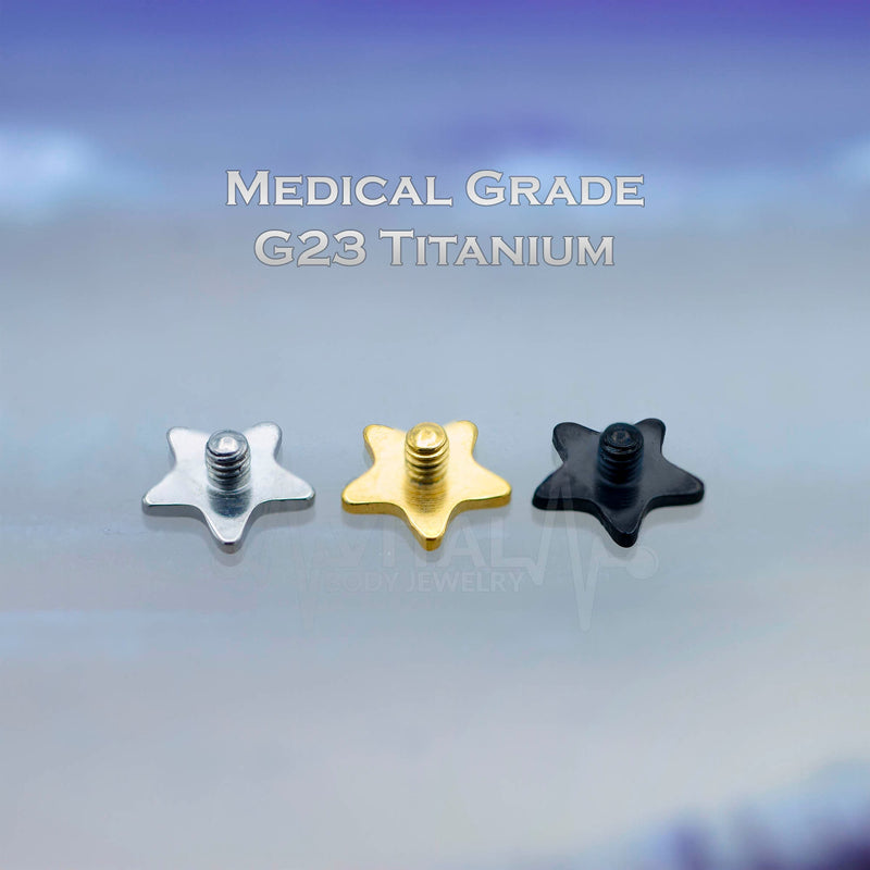 14G titanium dermal tops in star shape with PVD coating in gold, black, and silver for versatile piercings and secure fit