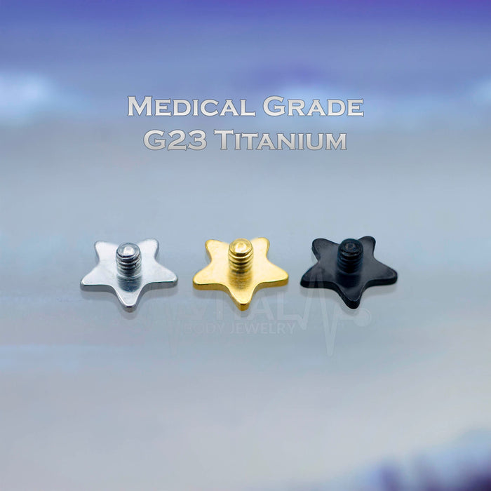 14G Titanium Star Shaped Dermal Tops, PVD Coated in Gold, Black and Silver Internally Threaded • Vital Body Jewelry