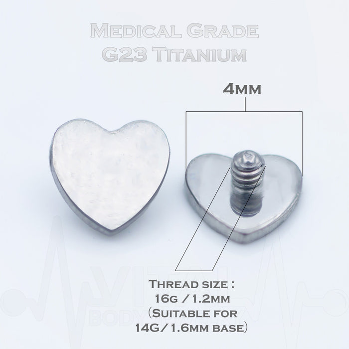 14G titanium dermal anchor top in heart shape with PVD coated gold finish for stylish body art decoration.