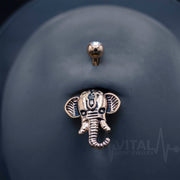 14G surgical steel belly ring featuring an elephant design, ideal for sensitive skin with a secure externally threaded fit. Available in rose gold, gold, and silver.