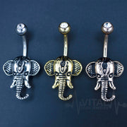 14G surgical steel belly ring with elephant design, available in rose gold, gold, and silver colors, perfect for sensitive skin