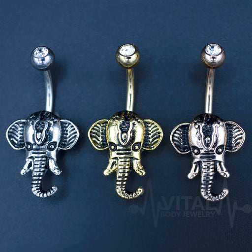 14G surgical steel belly ring with elephant design, available in rose gold, gold, and silver colors, perfect for sensitive skin