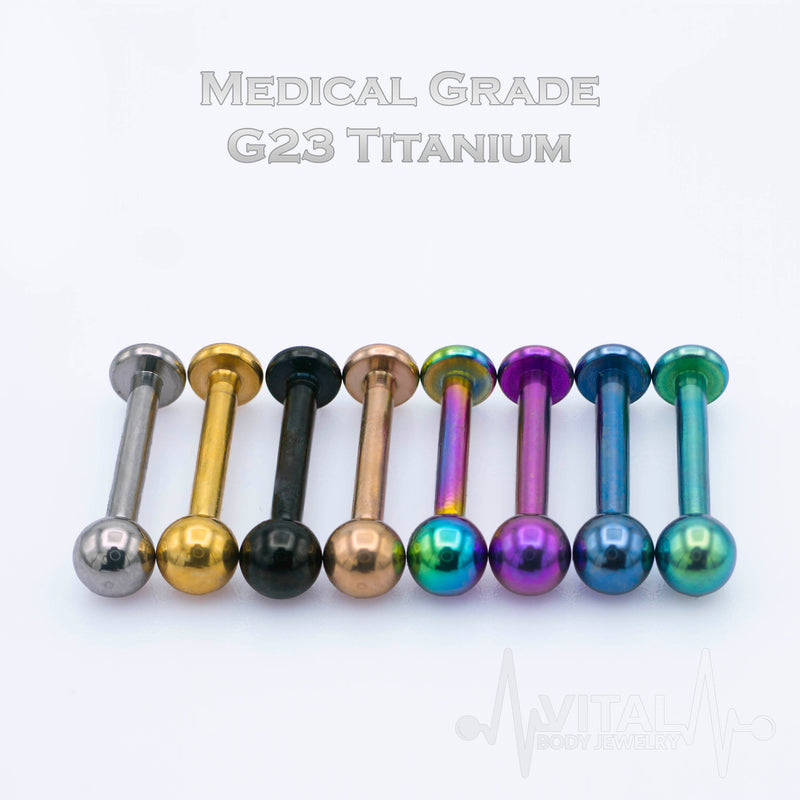 16G titanium labret stud with PVD multicolored coating and 3mm ball end for versatile lip and cartilage piercings