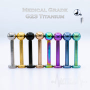 16G titanium labret stud with PVD multicolored coating, internally threaded ball end for lip and cartilage piercings
