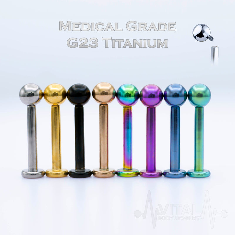 16G titanium labret stud with PVD multicolored coating, internally threaded ball end for lip and cartilage piercings