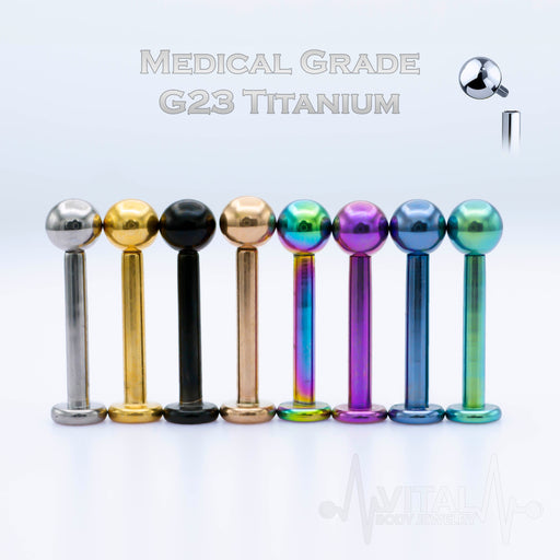 16G titanium labret stud with PVD multicolored coating, internally threaded ball end for lip and cartilage piercings