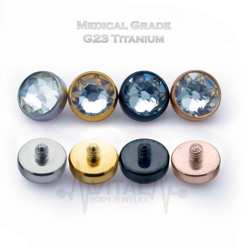 14G titanium dermal anchor top with clear cubic zirconia gem, internally threaded for secure fit and versatile for various piercings