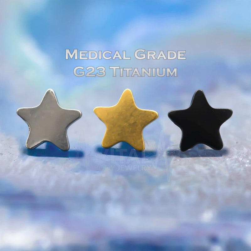 14G titanium dermal tops in star shape with PVD coating in gold, black, and silver for versatile piercings