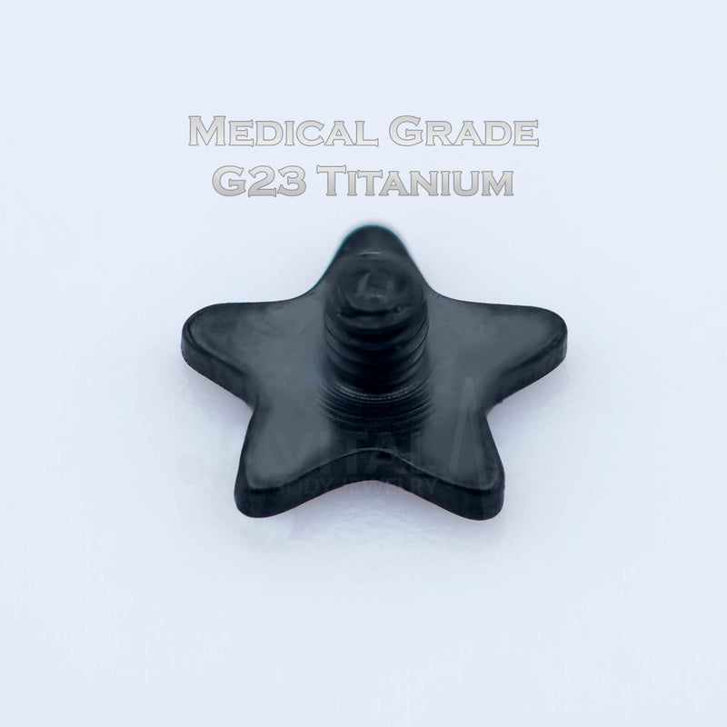 14G titanium dermal tops in star shape with PVD coating available in gold, black, and silver for versatile styling options