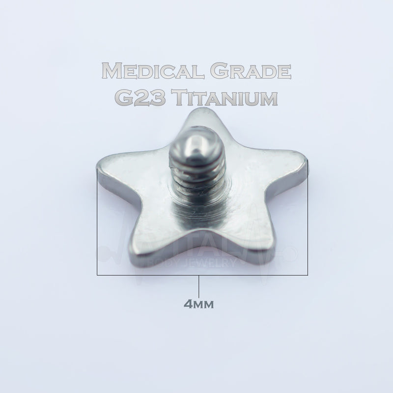 14G titanium dermal tops in star shape with PVD coating in gold, black, and silver for versatile piercings