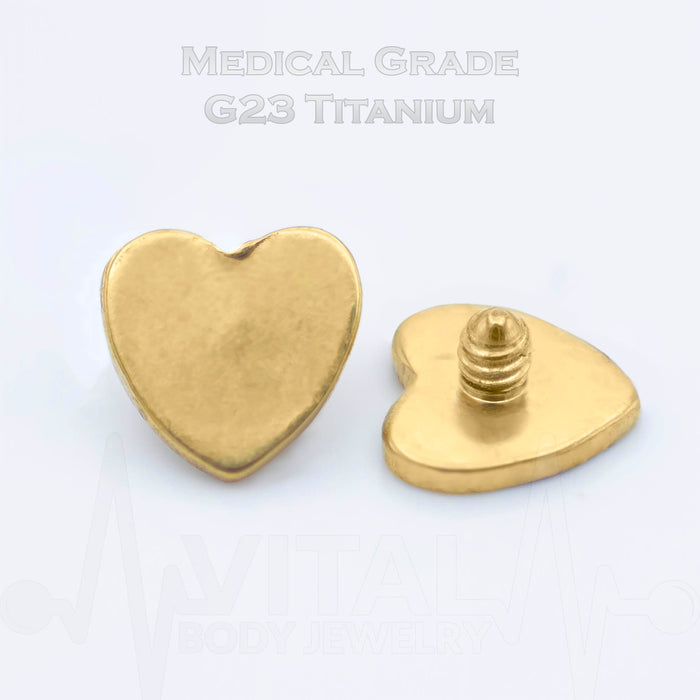 14G titanium dermal anchor top in heart shape with PVD coated gold finish, designed for a comfortable and stylish look.