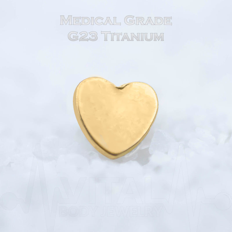 14G titanium dermal anchor top in heart shape with PVD coated gold finish, ideal for earrings and piercings.