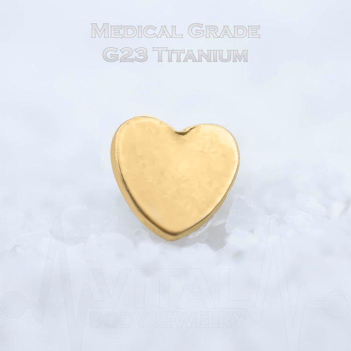 14G titanium dermal anchor top in heart shape with PVD coated gold finish, ideal for earrings and piercings.
