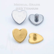 14G titanium dermal anchor top in heart shape with PVD coated gold finish, internally threaded design for comfort and style.