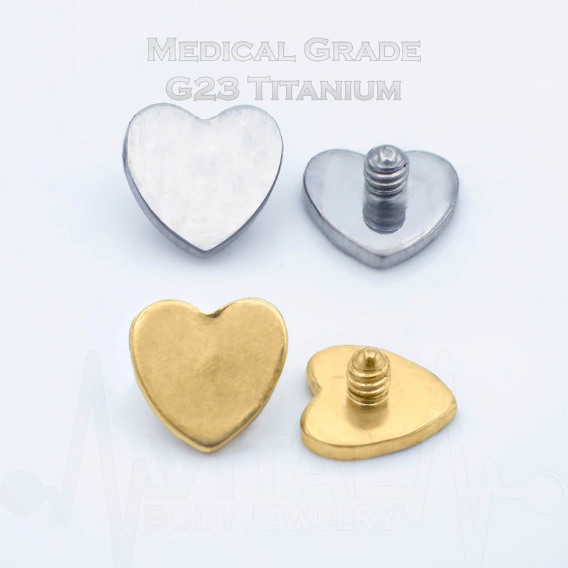 14G titanium dermal anchor top in heart shape with PVD coated gold finish, internally threaded design for comfort and style.