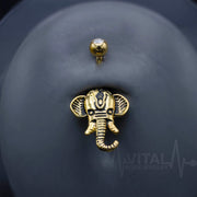 14G surgical steel belly ring with an elephant design, featuring a secure externally threaded style and hypoallergenic material, available in three colors.