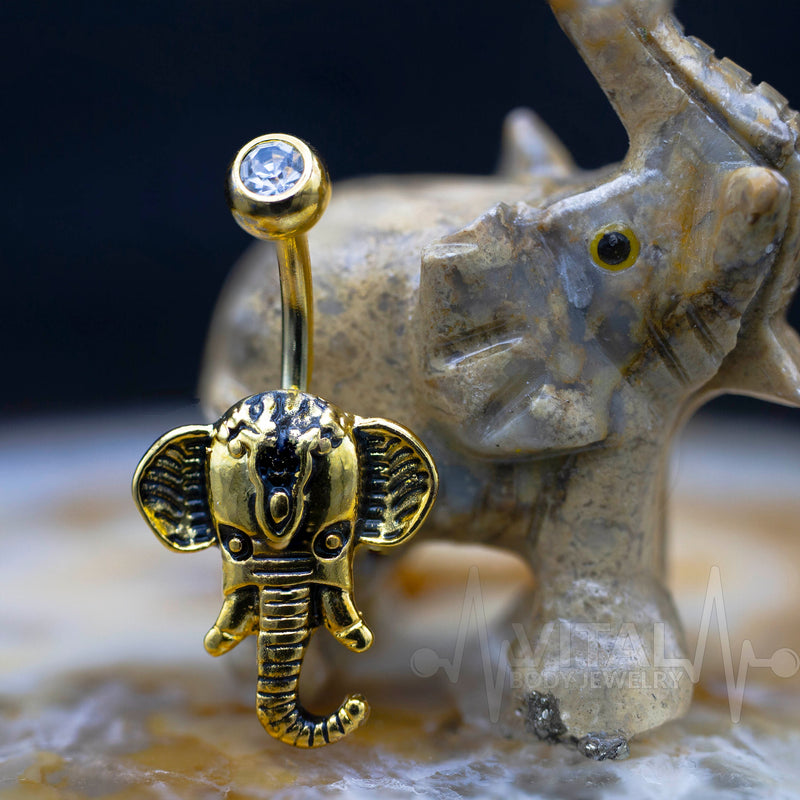 14G surgical steel belly ring with elephant design, featuring a secure externally threaded style for comfortable wear