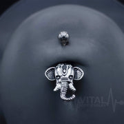 14G surgical steel belly ring with elephant design, 15.2mm wide and 17.7mm high, in rose gold, gold, and silver colors, suitable for sensitive skin.