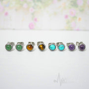20G surgical steel stud earrings with turquoise, amethyst, jade, and tiger's eye semi-precious stones for everyday elegance.