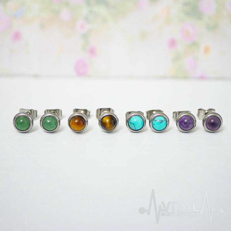20G surgical steel stud earrings with turquoise, amethyst, jade, and tiger's eye semi-precious stones for everyday elegance.