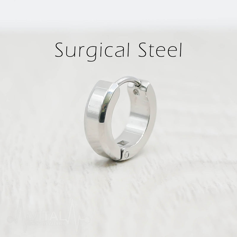 Pair of Hoop Earrings with Beveled Edges, 20G, Surgical Steel, In Gold, Black, Silver and Rose Gold Colors