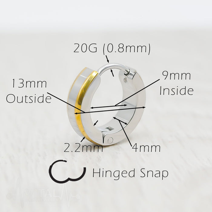 20G surgical steel hoop earrings with beveled edges, lightweight design for comfort and style, available in Gold, Black, Silver, and Rose Gold.